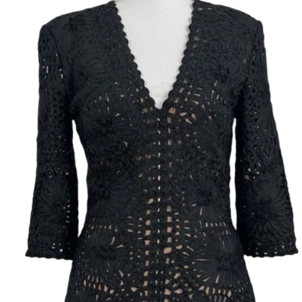 Jovani Black Lace Cocktail Dress Size 10 - 3/4 Sleeve V-Neck Fitted - Picture 2 of 12